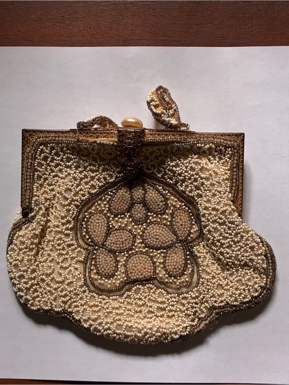Beaded Cream Evening Clutch Bag with Gold Trim vintage handmade